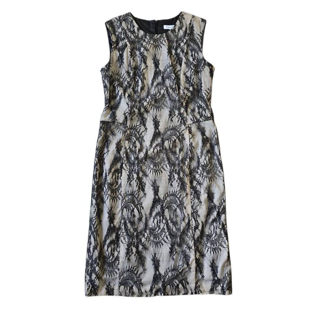 Calvin Klein Lace Overlay Sheath Dress Women's 4 Black Formal Sleeveless Stretch